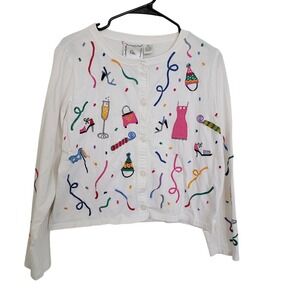 VTG Michael Simon Lite White Cotton Embroider Party Celebration Cardigan Medium